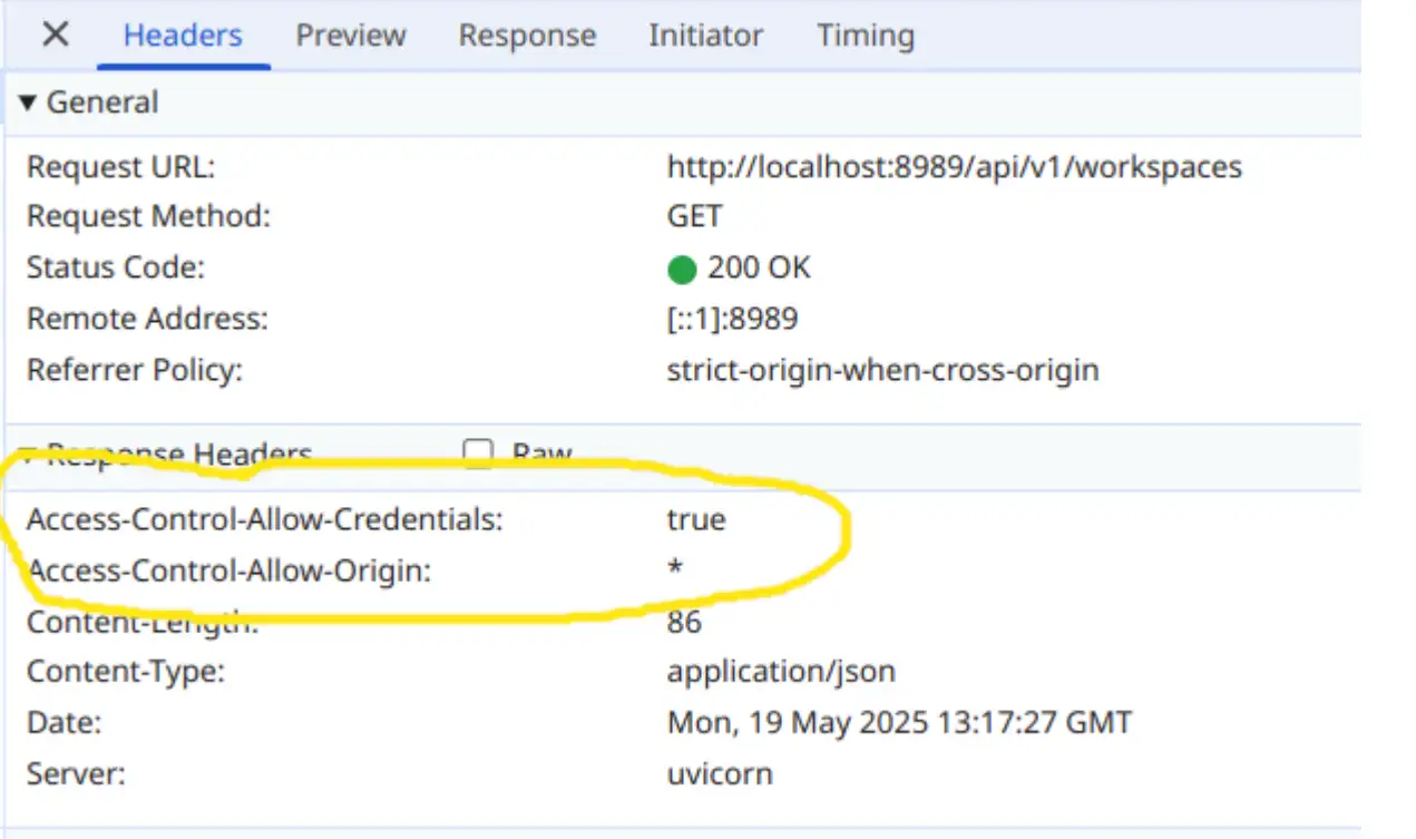Screenshot of CORS Issue in chrome dev tools highlighting the star in CORS header